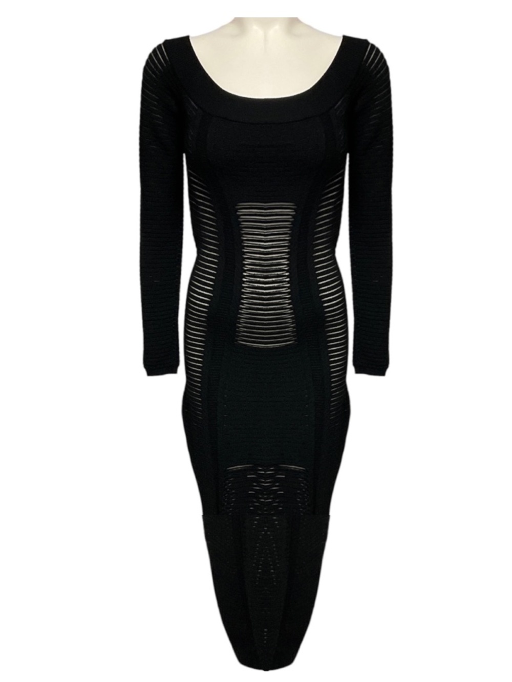 BALMAIN BLACK LONG SLEEVED RIBBED KNIT MIDI DRESS